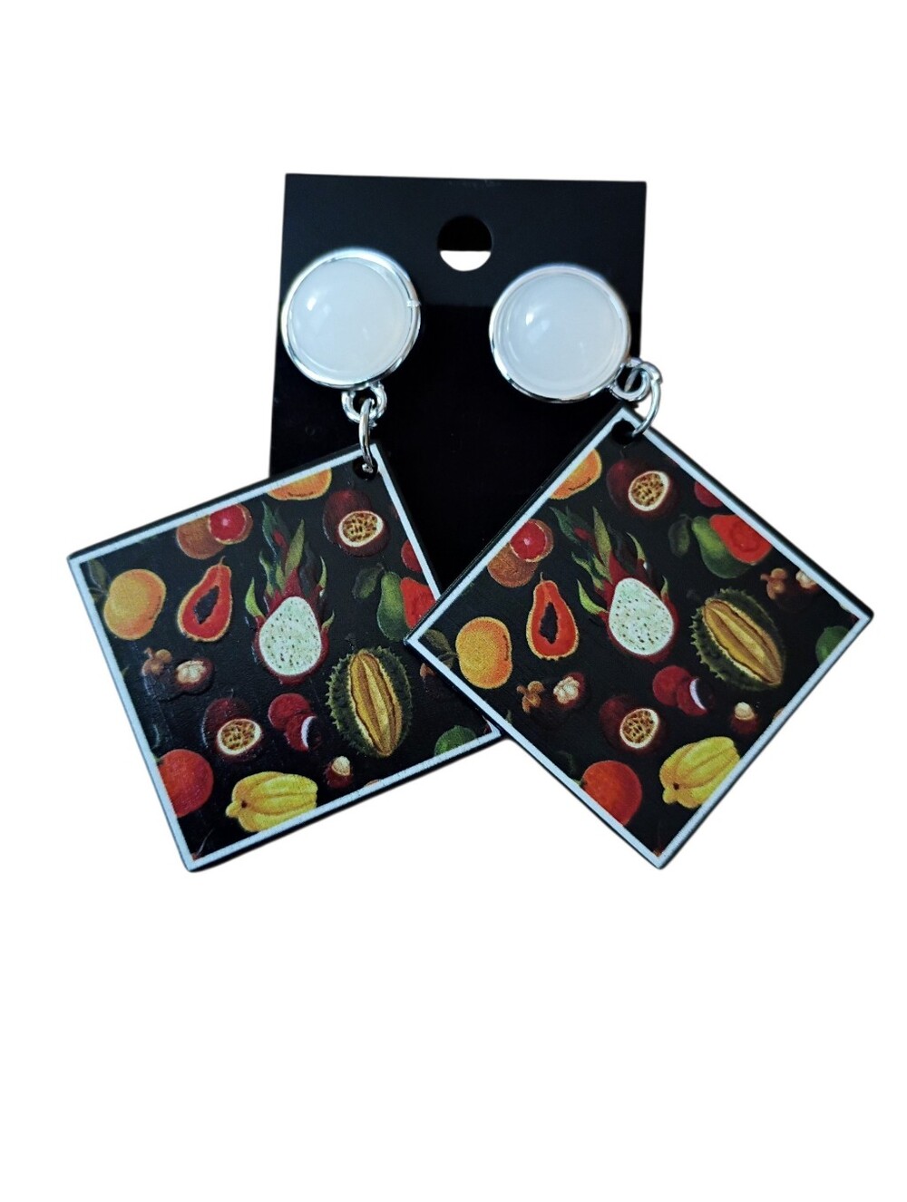 Fruit Pattern Square Drop Earrings - White & Multicolor